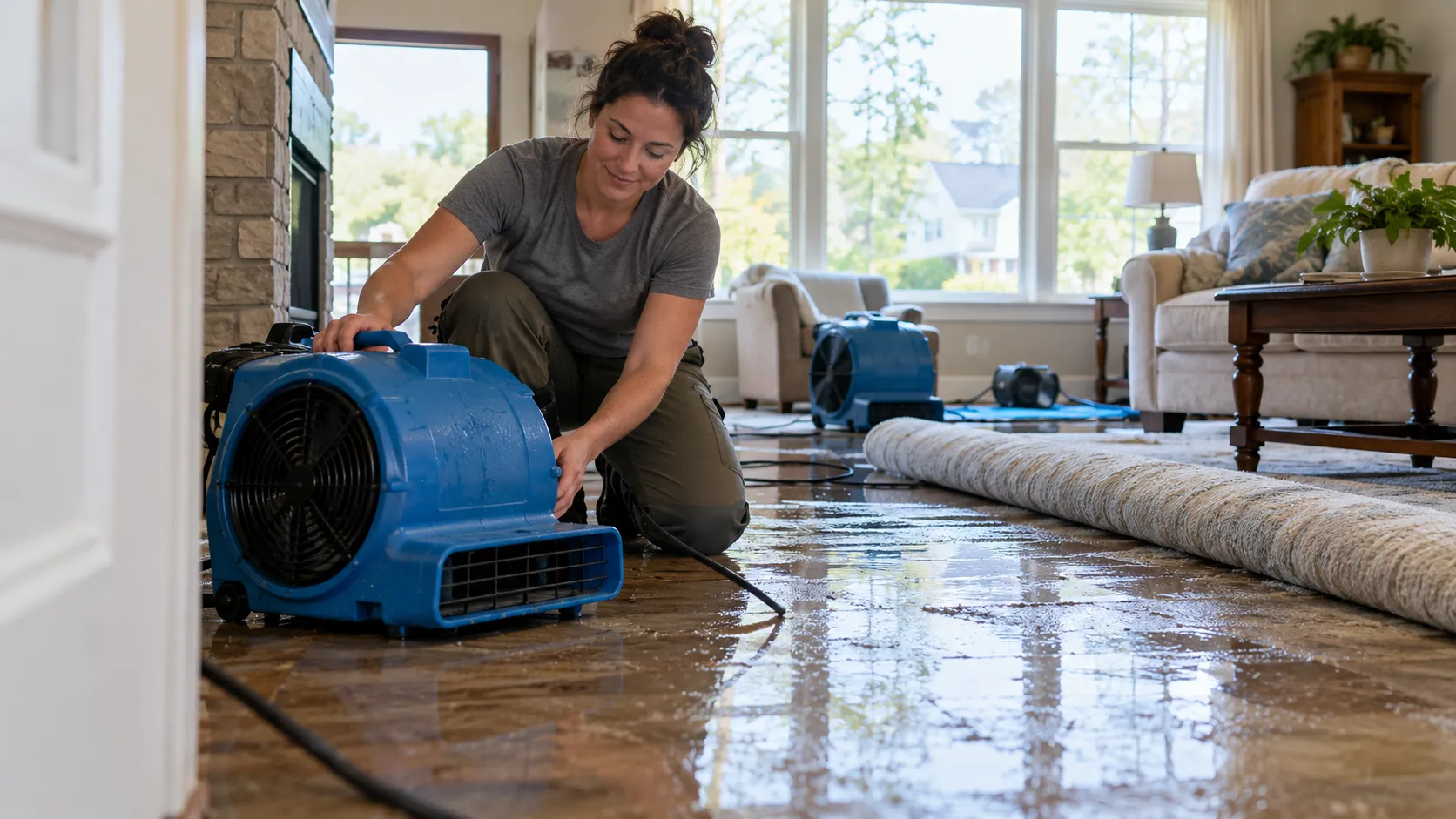 Water damage restoration technician drying a flooded living room in Syracuse